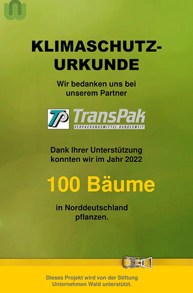 Klimaschutz Urkunde von TransPak wegen gepflanzter Bäume